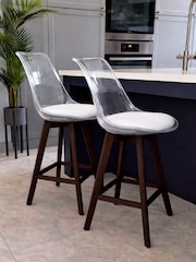 Fusion Living Set of 2 White Soho Clear Plastic Bar Stools with Dark Wood Legs - Image 1 of 5