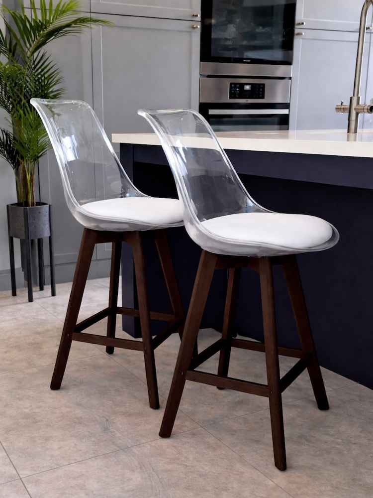 Fusion Living Set of 2 White Soho Clear Plastic Bar Stools with Dark Wood Legs - Image 1 of 5