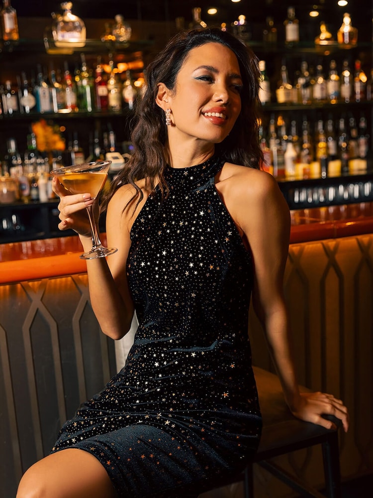 Roman Metallic Shimmer Star Velvet Halterneck Dress - Image 6 of 6