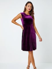 Roman Purple Velvet Fluted Hem Stretch Dress - Image 2 of 5