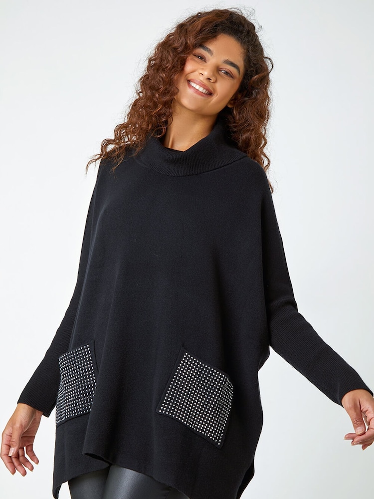 Roman Black Sparkle Pocket Poncho Jumper - Image 1 of 4 Roman Black Sparkle Pocket Poncho Jumper - Image 1 of 4