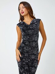 Roman Metallic Shimmer Floral Stretch Cowl Neck Dress - Image 1 of 5