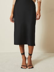 Lipsy Black Petite Satin Bias Cut Midi Skirt - Image 1 of 4