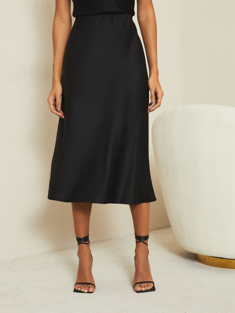 Lipsy Black Petite Satin Bias Cut Midi Skirt - Image 4 of 4