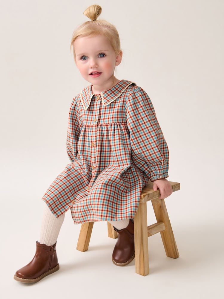 Blue/Ginger Check 100% Cotton Collar Dress (3mths-8yrs) - Image 2 of 7