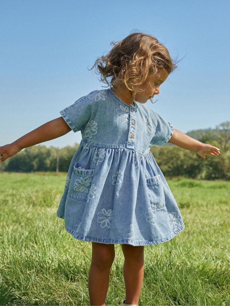modra Flower Denim - Sproščena 100% bombažna obleka (3mths-8yrs) - Slika 1 iz 6