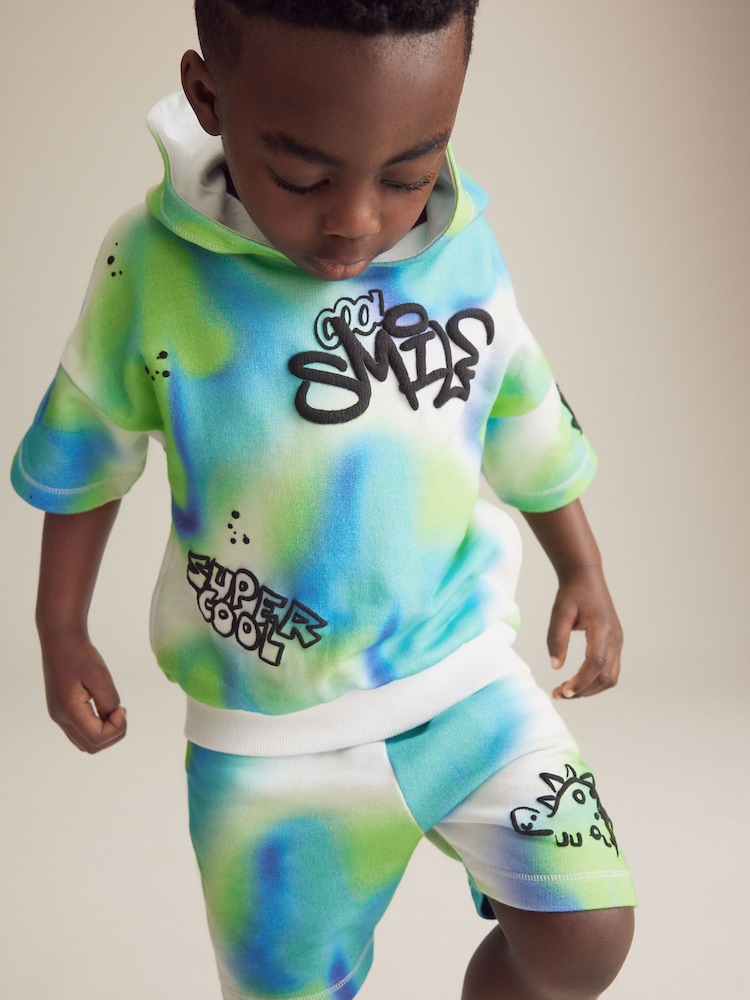 Blue/Green Tie Dye Graffiti 100% Cotton Short Sleeve Hooded Sweatshirt and Shorts Set (3mths-7yrs) - Image 1 of 10