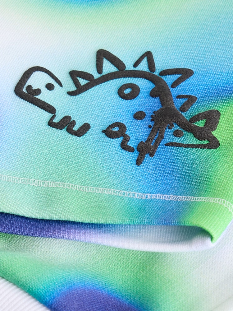 Blue/Green Tie Dye Graffiti 100% Cotton Short Sleeve Hooded Sweatshirt and Shorts Set (3mths-7yrs) - Image 10 of 10