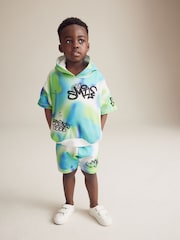 Blue/Green Tie Dye Graffiti 100% Cotton Short Sleeve Hooded Sweatshirt and Shorts Set (3mths-7yrs) - Image 2 of 10