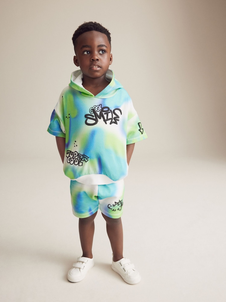 Blue/Green Tie Dye Graffiti 100% Cotton Short Sleeve Hooded Sweatshirt and Shorts Set (3mths-7yrs) - Image 2 of 10