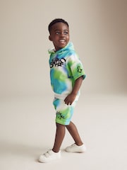 Blue/Green Tie Dye Graffiti 100% Cotton Short Sleeve Hooded Sweatshirt and Shorts Set (3mths-7yrs) - Image 3 of 10