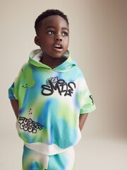 Blue/Green Tie Dye Graffiti 100% Cotton Short Sleeve Hooded Sweatshirt and Shorts Set (3mths-7yrs) - Image 5 of 10