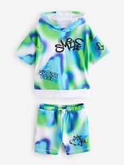 Blue/Green Tie Dye Graffiti 100% Cotton Short Sleeve Hooded Sweatshirt and Shorts Set (3mths-7yrs) - Image 7 of 10