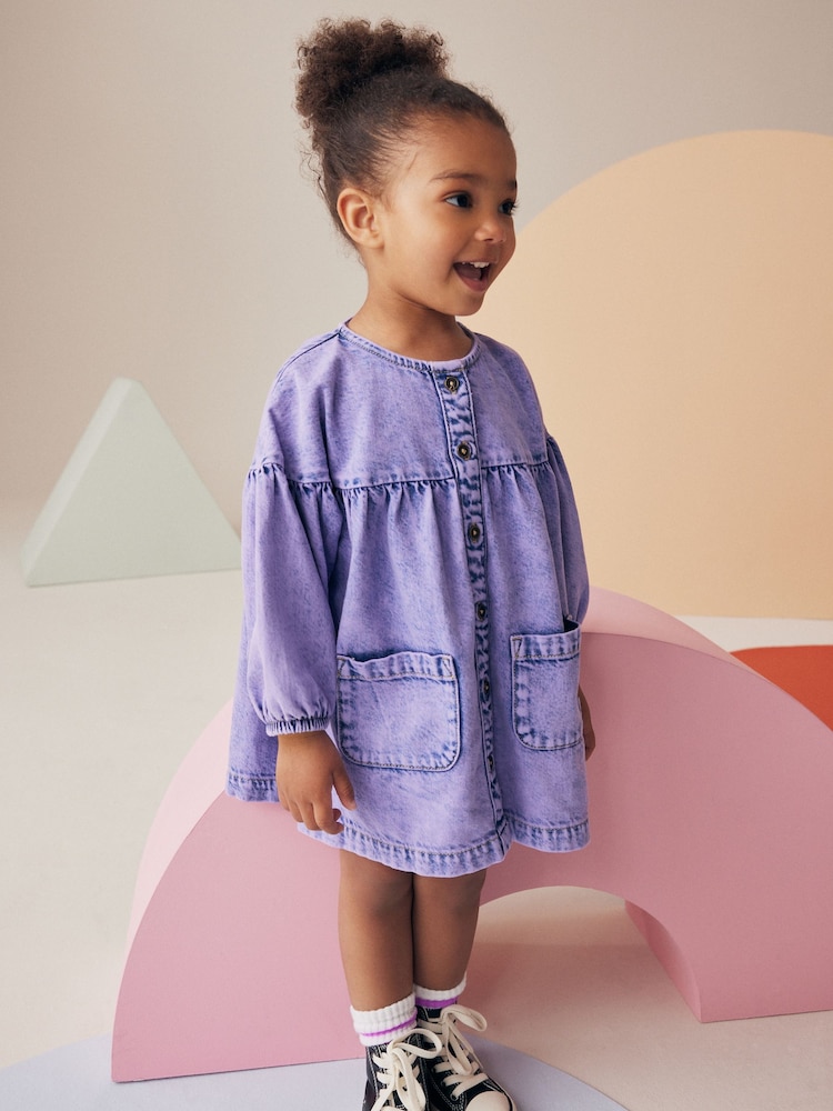 Purple Denim 100% Cotton Button Through Dress (3mths-8yrs) - Image 1 of 7