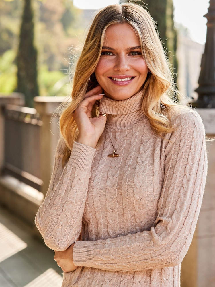 Sosandar Natural Fitted Roll Neck Cable Knit Jumper Dress - Image 5 of 5