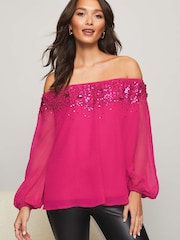 Lipsy Magenta Pink Regular Hand Embellished Keyhole Flutter Sleeve Top - Image 1 of 4