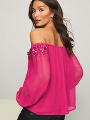 Lipsy Magenta Pink Regular Hand Embellished Keyhole Flutter Sleeve Top - Image 2 of 4
