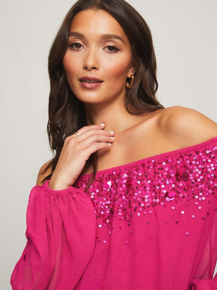 Lipsy Magenta Pink Regular Hand Embellished Keyhole Flutter Sleeve Top - Image 4 of 4