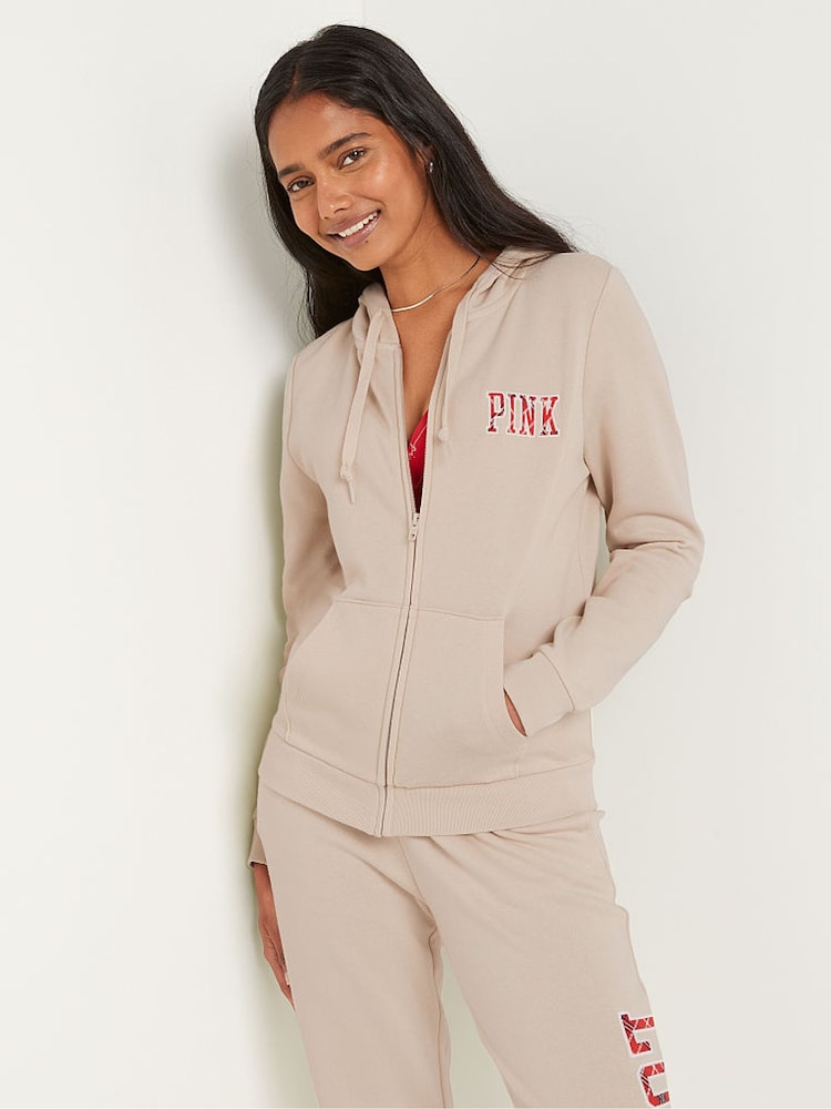 Victoria's Secret PINK Vanilla Bean Plaid Logo Zip Up Lounge Hoodie - Image 1 of 4 Victoria's Secret PINK Vanilla Bean Plaid Logo Zip Up Lounge Hoodie - Image 1 of 4