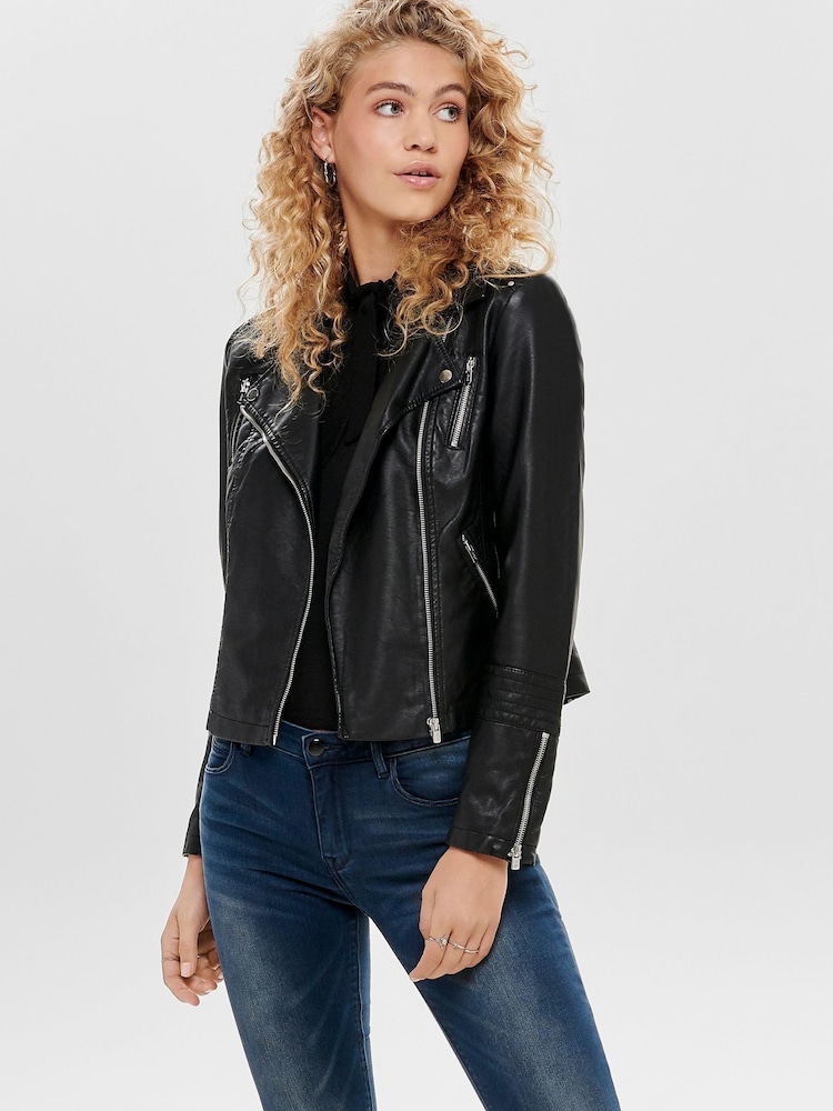 Only Black Faux Leather Biker Jacket - Image 2 of 5
