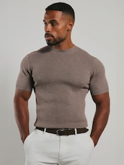 Tailored Athlete Brown Muscle Fit Soft Knitted Ribbed T-Shirt - Image 1 of 7