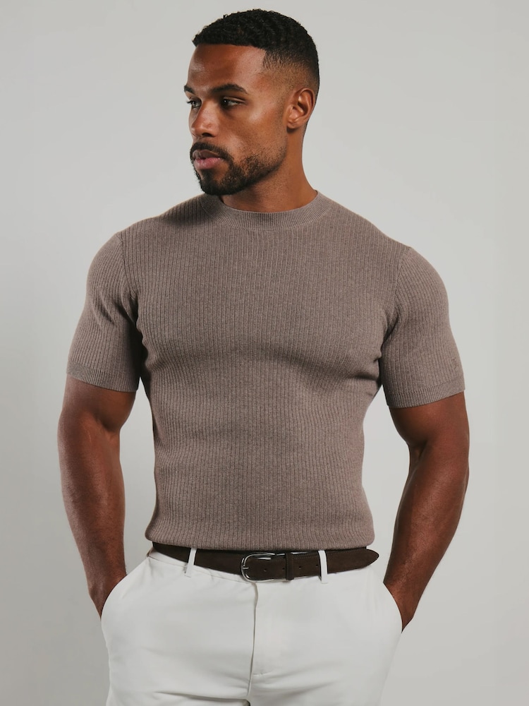 Tailored Athlete Brown Muscle Fit Soft Knitted Ribbed T-Shirt - Image 1 of 7 Tailored Athlete Brown Muscle Fit Soft Knitted Ribbed T-Shirt - Image 1 of 7