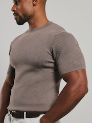 Tailored Athlete Brown Muscle Fit Soft Knitted Ribbed T-Shirt - Image 4 of 7