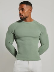 Tailored Athlete Green Muscle Fit Pure Cotton Knitted Textured Crew Neck Jumper - Image 1 of 7