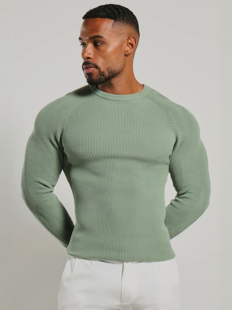 Tailored Athlete Green Muscle Fit Pure Cotton Knitted Textured Crew Neck Jumper - Image 1 of 7