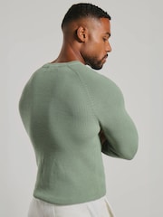 Tailored Athlete Green Muscle Fit Pure Cotton Knitted Textured Crew Neck Jumper - Image 2 of 7