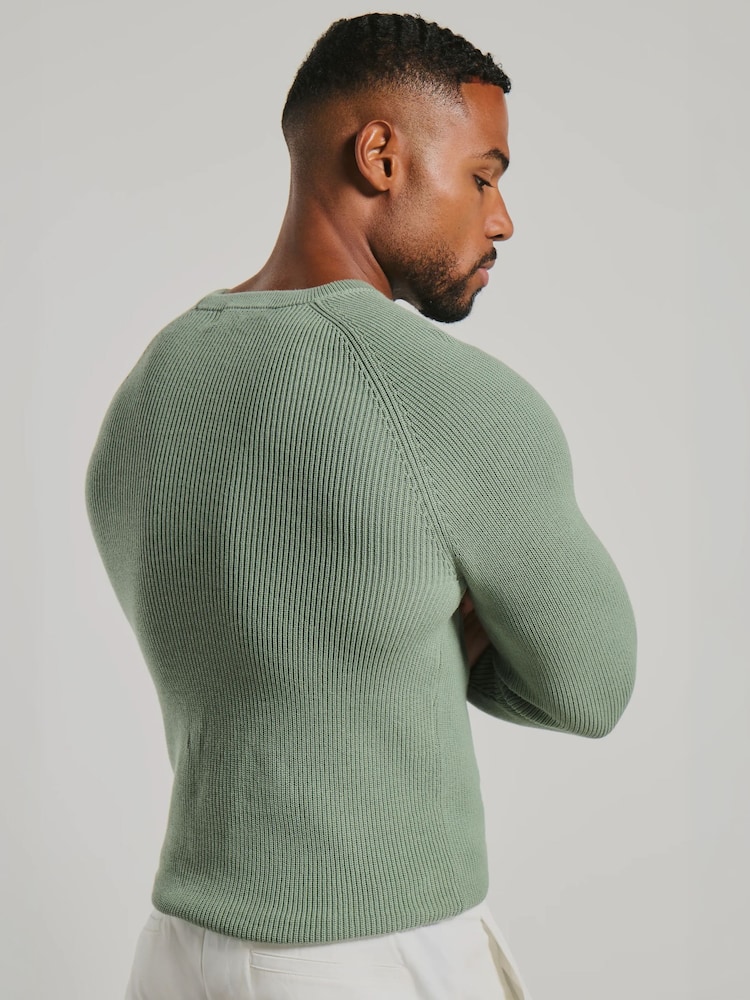 Tailored Athlete Green Muscle Fit Pure Cotton Knitted Textured Crew Neck Jumper - Image 2 of 7