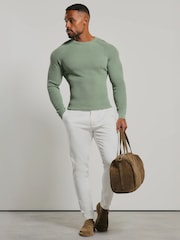 Tailored Athlete Green Muscle Fit Pure Cotton Knitted Textured Crew Neck Jumper - Image 3 of 7
