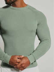 Tailored Athlete Green Muscle Fit Pure Cotton Knitted Textured Crew Neck Jumper - Image 4 of 7