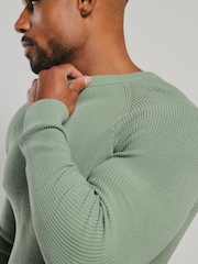Tailored Athlete Green Muscle Fit Pure Cotton Knitted Textured Crew Neck Jumper - Image 5 of 7