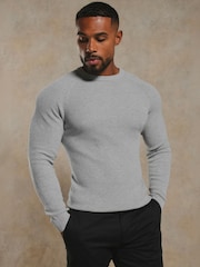 Tailored Athlete Grey Muscle Fit Pure Cotton Knitted Textured Crew Neck Jumper - Image 1 of 7