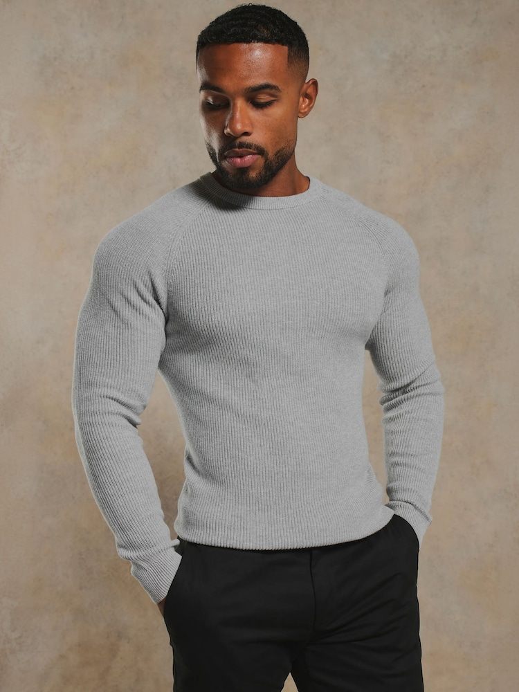 Tailored Athlete Grey Muscle Fit Pure Cotton Knitted Textured Crew Neck Jumper - Image 1 of 7 Tailored Athlete Grey Muscle Fit Pure Cotton Knitted Textured Crew Neck Jumper - Image 1 of 7