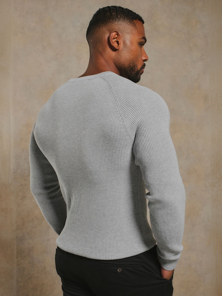 Tailored Athlete Grey Muscle Fit Pure Cotton Knitted Textured Crew Neck Jumper - Image 2 of 7 Tailored Athlete Grey Muscle Fit Pure Cotton Knitted Textured Crew Neck Jumper - Image 2 of 7