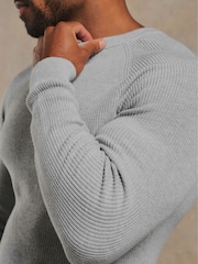 Tailored Athlete Grey Muscle Fit Pure Cotton Knitted Textured Crew Neck Jumper - Image 5 of 7