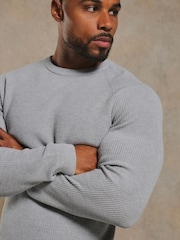 Tailored Athlete Grey Muscle Fit Pure Cotton Knitted Textured Crew Neck Jumper - Image 6 of 7