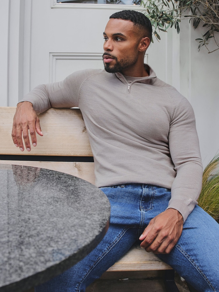 Tailored Athlete Grey Muscle Fit Extra Fine Merino Wool Half Zip Neck Jumper - Image 1 of 5 Tailored Athlete Grey Muscle Fit Extra Fine Merino Wool Half Zip Neck Jumper - Image 1 of 5
