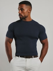 Tailored Athlete Blue Muscle Fit Soft Knitted Ribbed T-Shirt - Image 1 of 6