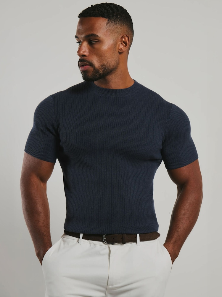 Tailored Athlete Blue Muscle Fit Soft Knitted Ribbed T-Shirt - Image 1 of 6 Tailored Athlete Blue Muscle Fit Soft Knitted Ribbed T-Shirt - Image 1 of 6