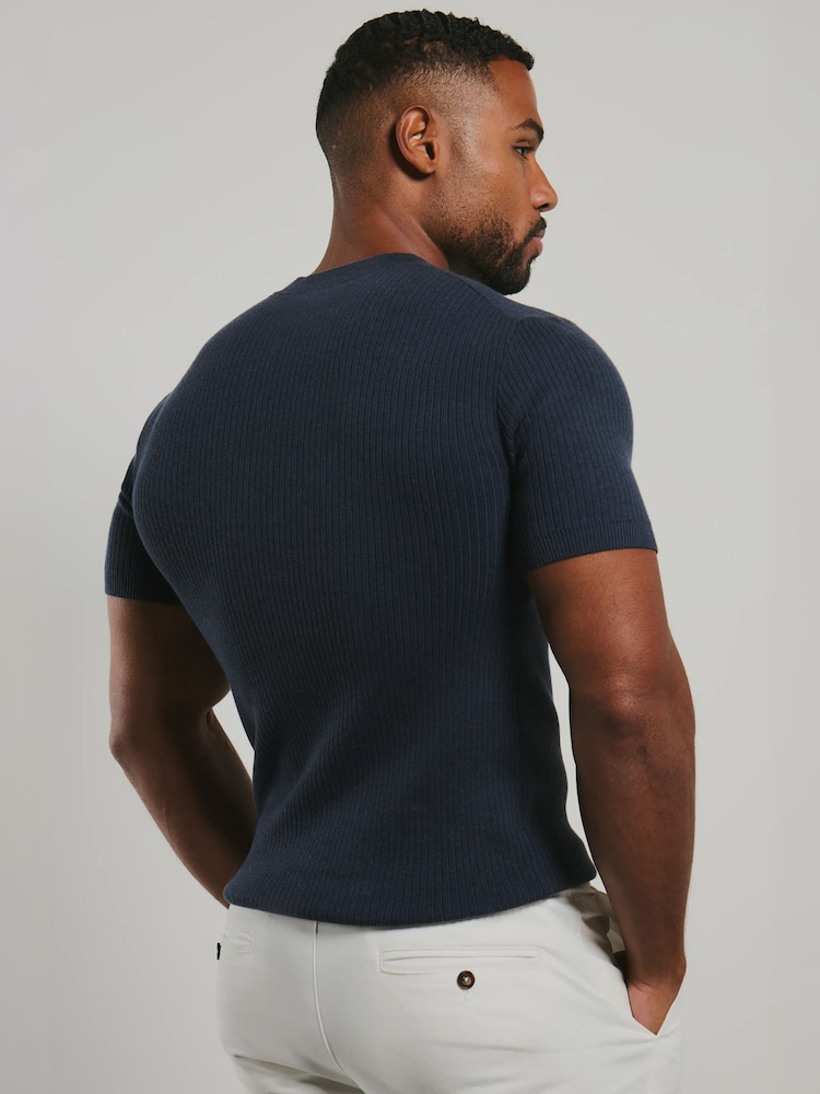 Tailored Athlete Blue Muscle Fit Soft Knitted Ribbed T-Shirt - Image 2 of 6 Tailored Athlete Blue Muscle Fit Soft Knitted Ribbed T-Shirt - Image 2 of 6