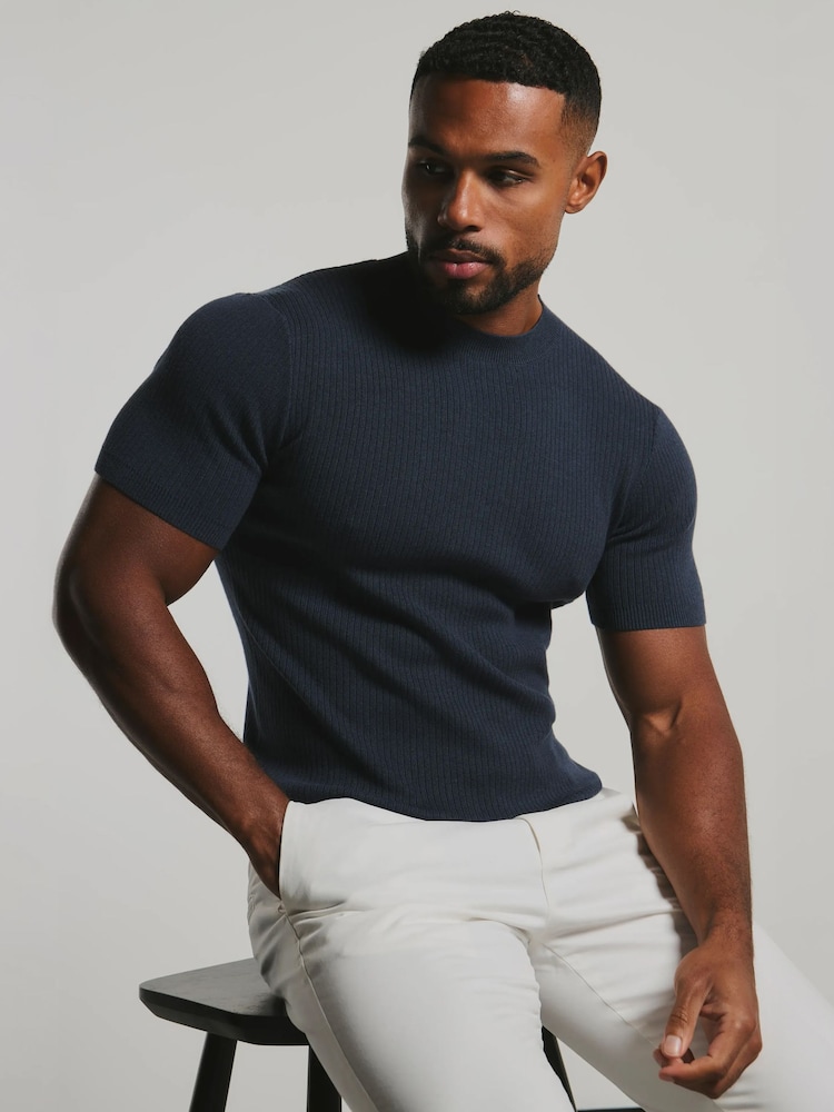 Tailored Athlete Blue Muscle Fit Soft Knitted Ribbed T-Shirt - Image 6 of 6 Tailored Athlete Blue Muscle Fit Soft Knitted Ribbed T-Shirt - Image 6 of 6