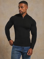 Tailored Athlete Black Muscle Fit Extra Fine Merino Wool Half Zip Neck Jumper - Image 1 of 6
