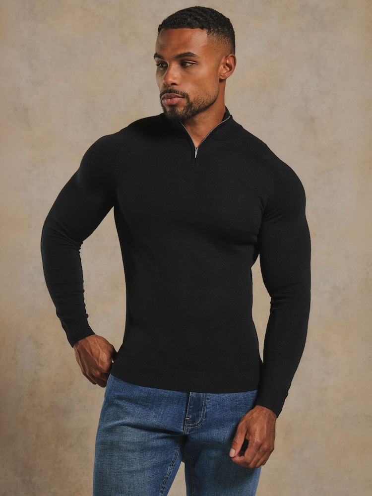 Tailored Athlete Black Muscle Fit Extra Fine Merino Wool Half Zip Neck Jumper - Image 1 of 6 Tailored Athlete Black Muscle Fit Extra Fine Merino Wool Half Zip Neck Jumper - Image 1 of 6