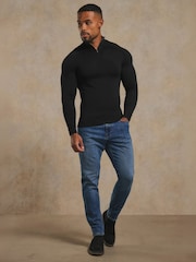 Tailored Athlete Black Muscle Fit Extra Fine Merino Wool Half Zip Neck Jumper - Image 2 of 6