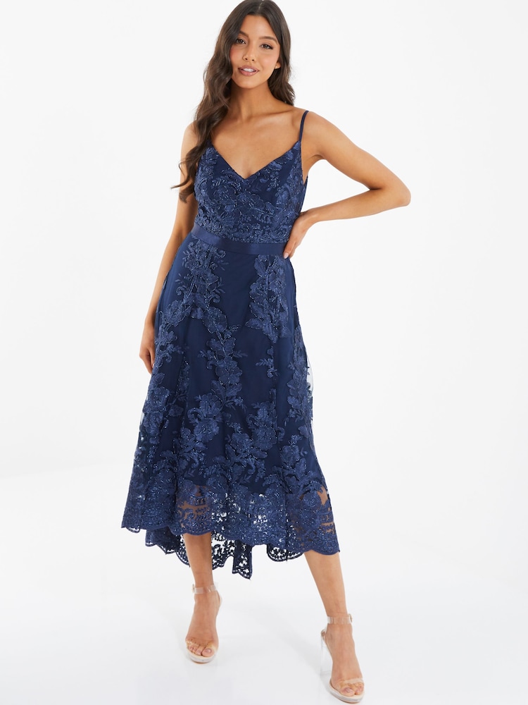 Quiz Blue Lace Strappy V - Neck Dip Hem Dress - Image 1 of 5