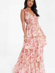 Quiz Pink Multi Chiffon Floral Wrap Tiered Maxi Dress - Image 1 of 5