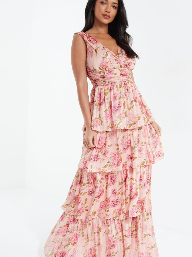 Quiz Pink Multi Chiffon Floral Wrap Tiered Maxi Dress - Image 1 of 5 Quiz Pink Multi Chiffon Floral Wrap Tiered Maxi Dress - Image 1 of 5